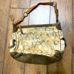 Coach D05k-2172 Coach Gold Cream Signature Logo Canvas Purse & Brown Suede Trim